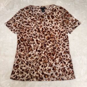 Halogen Brown Leopard Print Sheer Mesh Short Sleeve Top Size Medium